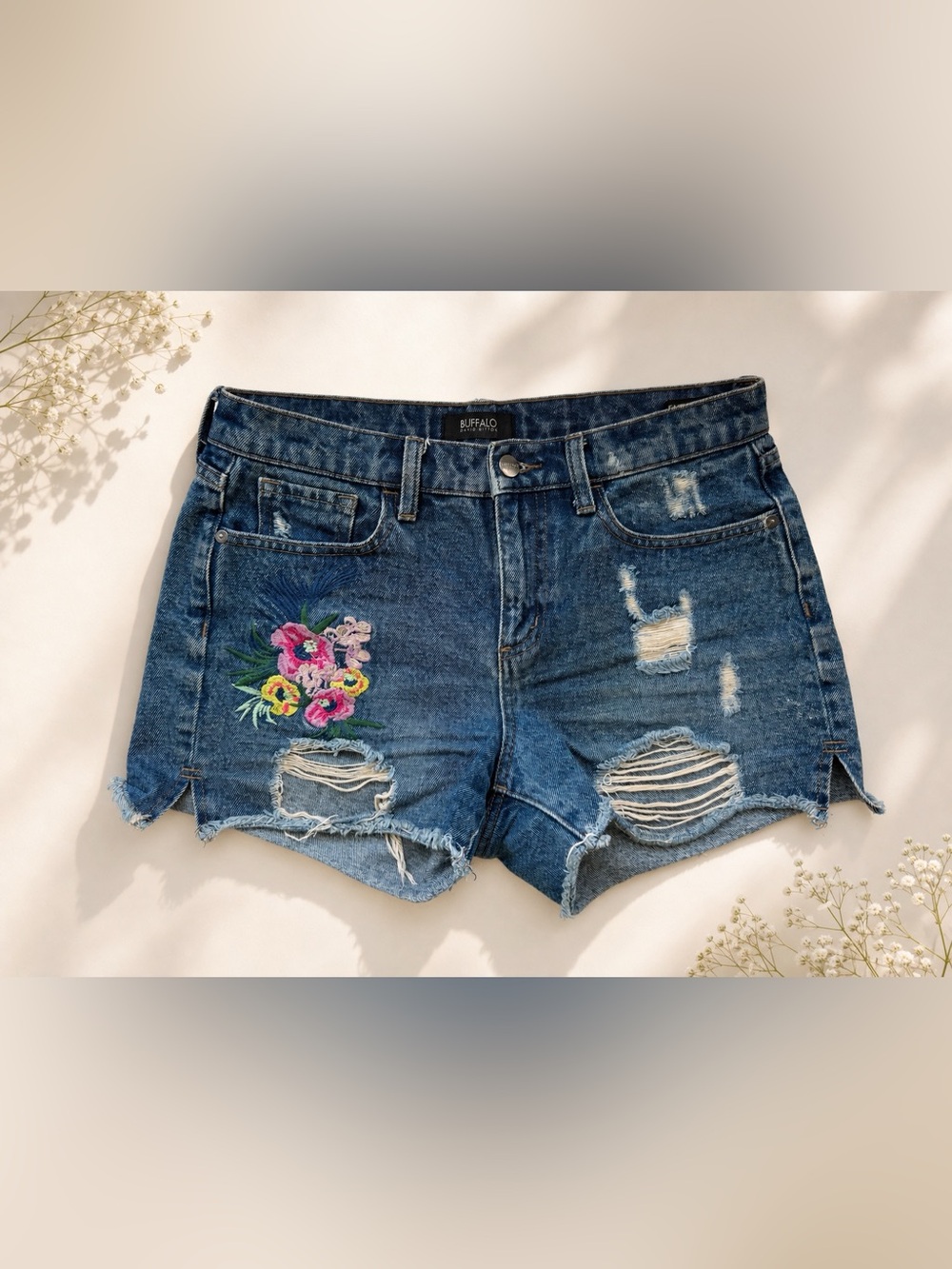 Buffalo David Bitton Blue Distressed Denim Shorts with Floral Embroidery